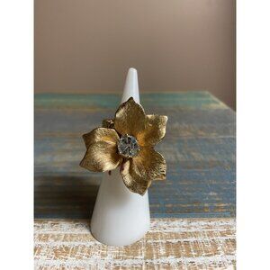 Adjustable Gold-Tone Floral Stretch Ring With Crystal Center